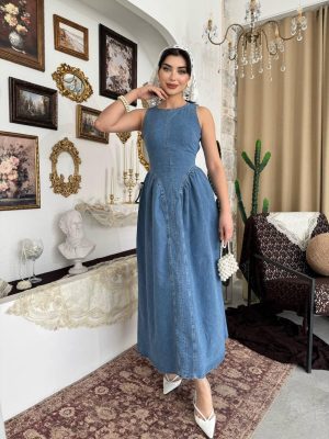 Denim Long Dress with Bow